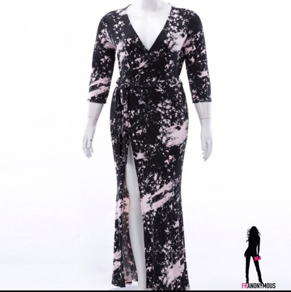 *Plus* Black/Pink Self Tie Front Slit Maxi Dress - Picture 1 of 3